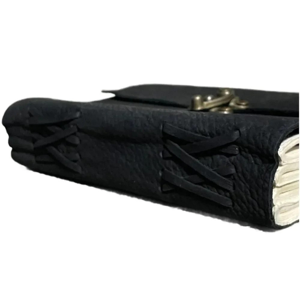 Hand-bound Black Leather Journal with Brass Clasp and Recycled Paper